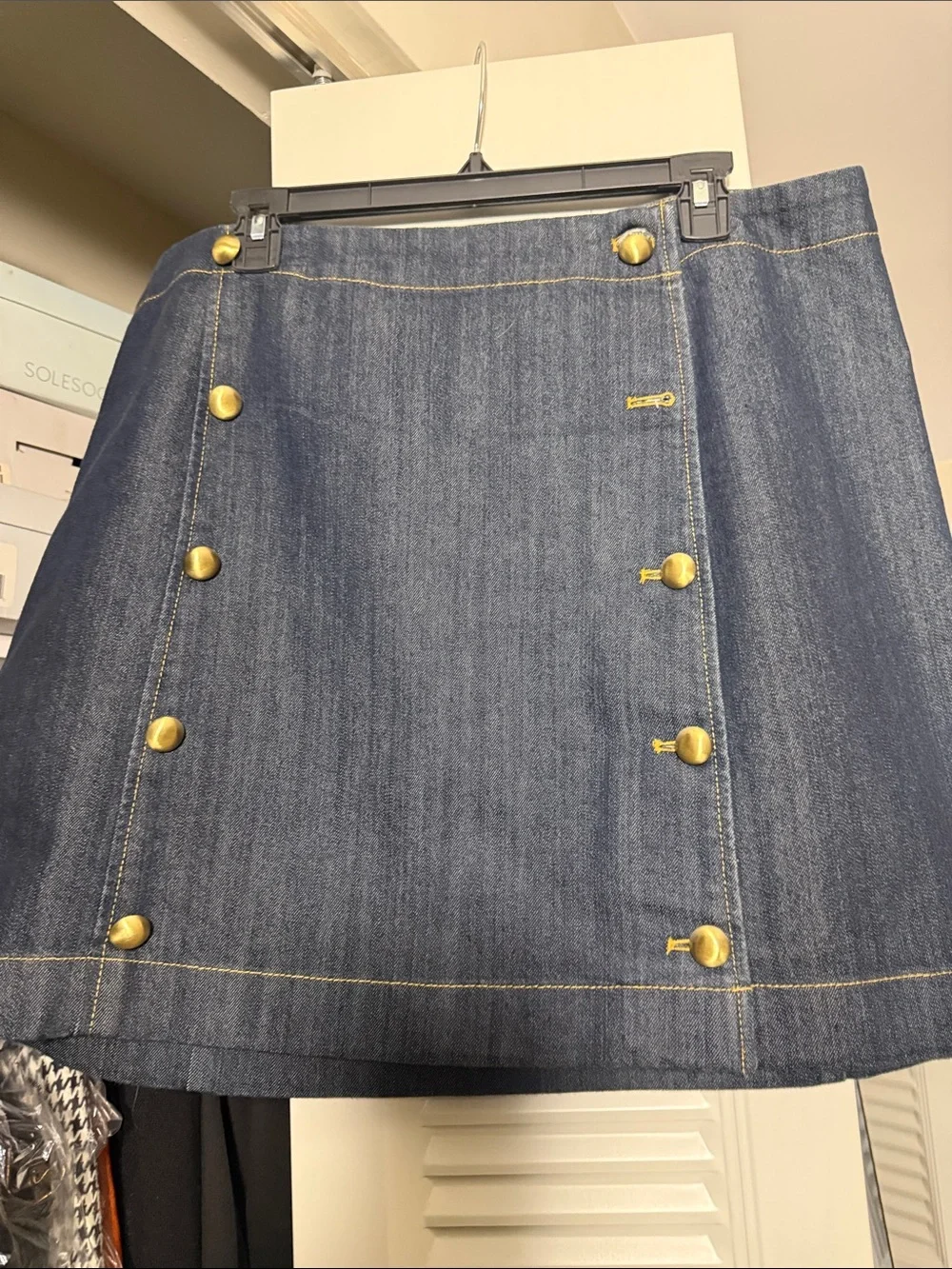MICHAEL Michael Kors Dark Blue Denim Mini Skirt with Gold Buttons